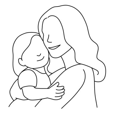 Bebeği tutan kadın. Anne ve çocuk çizgisi sanatı. Vektör illüstrasyonu