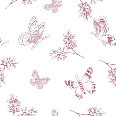 Kelebekler ve çiçek desenleri. Güzel doğal çiçek ve böcek, vektör illüstrasyonu.