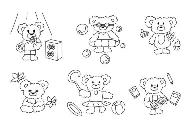 Tatlı çizgi film ayı ana hatları seti. Çocuklar için hayvan karakteri, vektör illüstrasyonu.