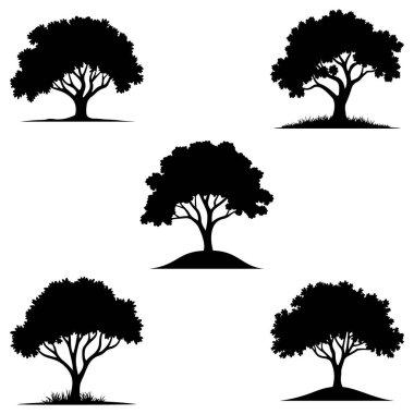 Görüntü beyaz arka planda beş siyah ağaç silueti içeriyor. Ağaçların şekli ve tabanı biraz farklıdır. Basit, grafik çizimler.