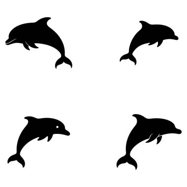 Beyaz arka planda sıçrayan dört siyah yunus silueti tasvir edilir. Yunuslar farklı pozisyonlarda. Basit, temiz tasarım..