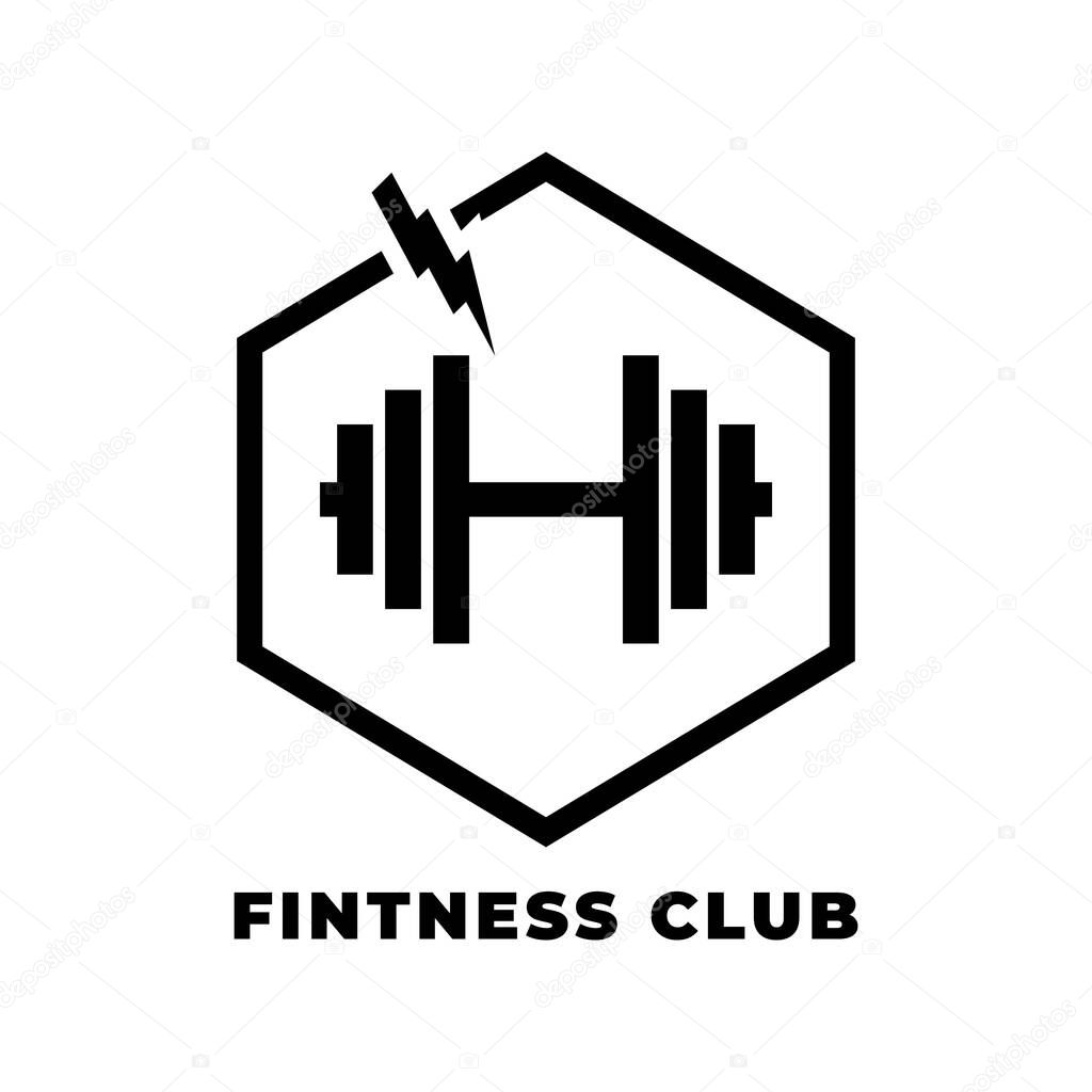 Black and white logo featuring a dumbbell inside a hexagon, struck by lightning. Below, Fintness Club is boldly written. Simple, powerful design.