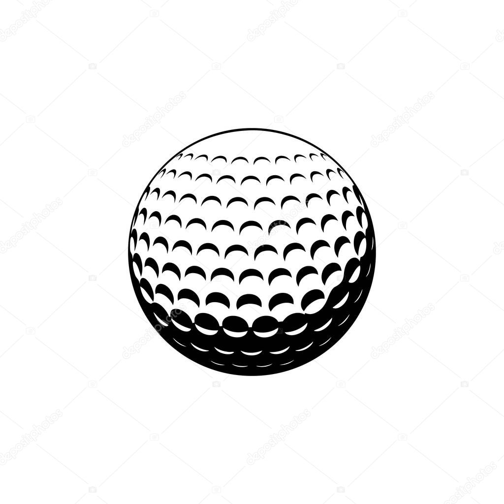 A monochrome illustration of a golf ball, featuring a detailed textured surface. Simple, iconic representation suitable for various applications.