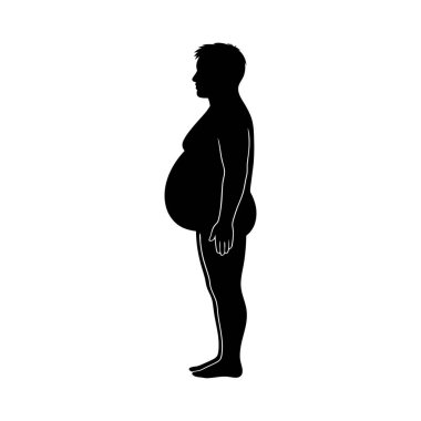 Obez bir adamın yan profil silueti. Aşırı kilolu vücut tipini gösteriyor, karın yağını vurguluyor. Siyah ve beyaz vektör grafiği.