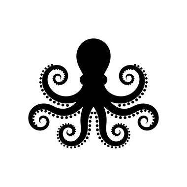 Bir stilize edilmiş siyah ahtapot silueti, beyaz arka planda noktalı desenlerle süslenmiş sekiz girdap dokunaçına sahiptir. Tasarım zarif ve basit..
