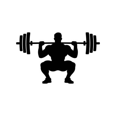 Kas yığını bir adamın siyah silueti halter sırtında çömeliyor. Halter, fitness, dayanıklılık eğitimi konsepti. Jimnastik ikonu.