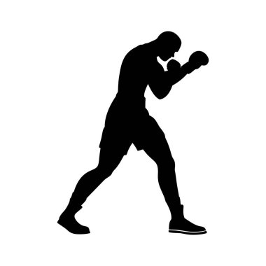 Siyah bir boksör silueti, dövüş pozisyonunda, eldiven ve şort giyiyor. Görüntü basittir ve güç ve atletizm taşır..