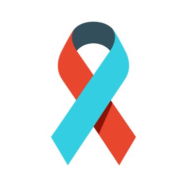 Şekil verilmiş bir deniz mavisi ve kırmızı farkındalık kurdelesi. Basit, düz tasarım. Bir neden veya sağlık durumu için destek sunar.