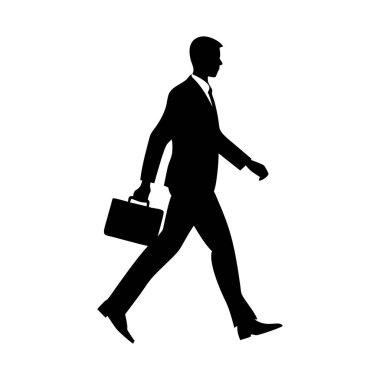 Takım elbiseli bir iş adamının siyah silueti elinde çantayla kasıtlı olarak yürüyor. Bir başarı ve hırs imajı çiziyor..