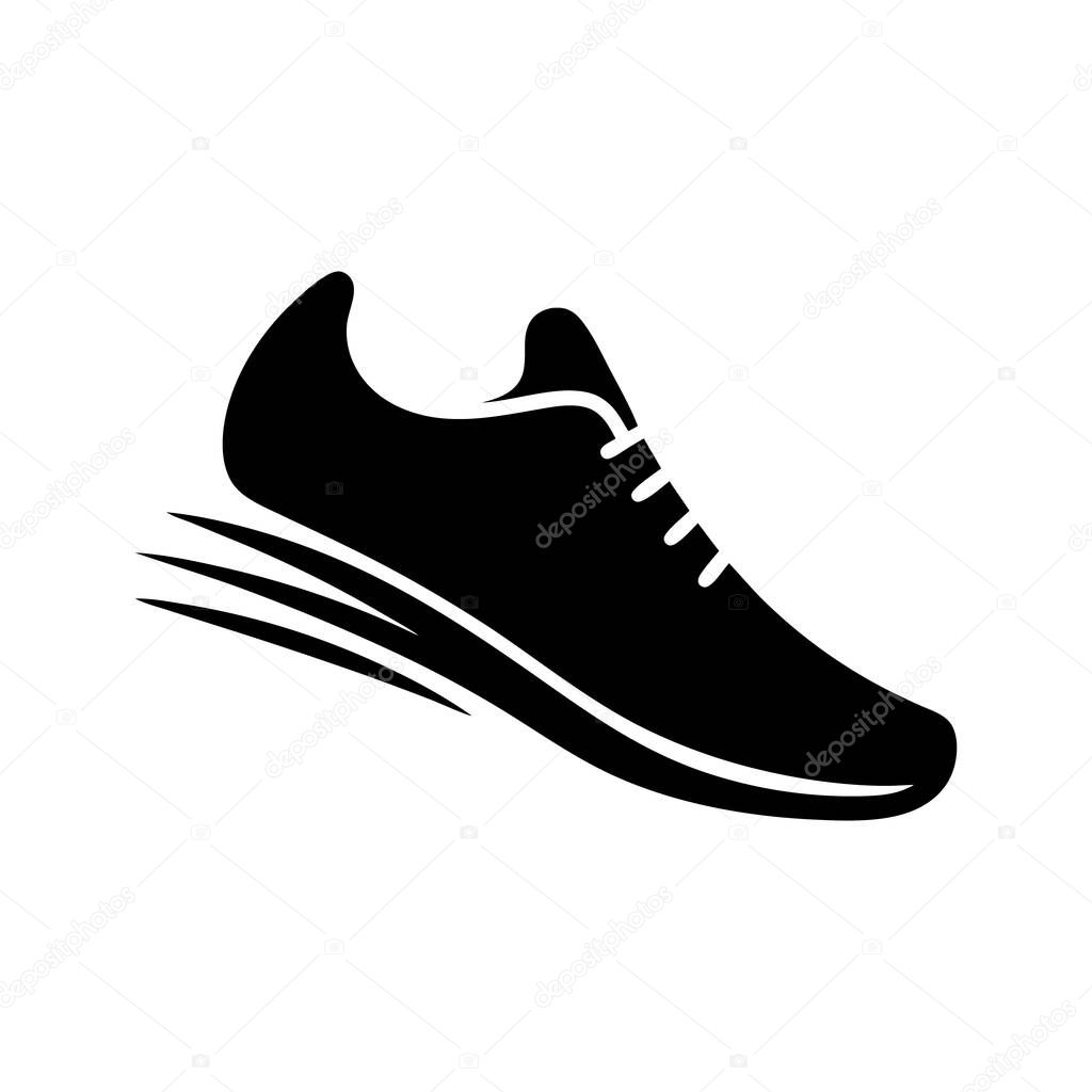 A black silhouette of a running shoe in motion, depicted with speed lines, suggesting fast movement and athletic activity. Simple iconic design.