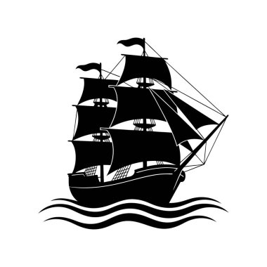Üç direkli yelkenli bir geminin siyah silueti. Tam yelkenli, stilize okyanus dalgaları üzerinde ilerliyor. Klasik denizcilik tasarımı.