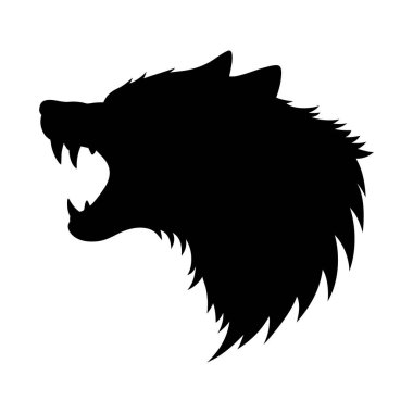 Bir kurt kafasının vahşi siyah silueti profilde, ağzı açık, dişlerini gösteriyor. Tarz grafik ve vektör tabanlı, logo veya amblem için ideal.