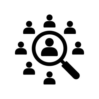 Bir büyüteç diğerleriyle çevrili bir kişiye odaklanır, işe alımı, seçimi veya hedef kitleyi sembolize eder. Basit kalın simge.