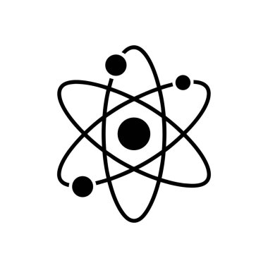 Basit bir siyah beyaz diyagram, atom fiziğini sembolize eden eliptik yollarda üç elektronun yörüngesindeki merkezi bir çekirdek atomunu tasvir eder..
