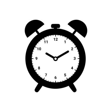 Saati gösteren klasik bir çalar saatin basit bir siyah beyaz çizimi. Zaman, zaman ve uyanma için ortak bir semboldür..