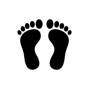 Beyaz arka planda iki siyah ayak izinin basit grafiği. Her ayağın beş parmağı var. Minimalist, temiz tasarım. Sembolik temsil.