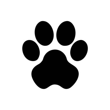 Beyaz arka planda izole edilmiş basit, koyu siyah köpek pençesi izi grafiği. Klasik evcil hayvan sembolü, logo veya tasarım için ideal.