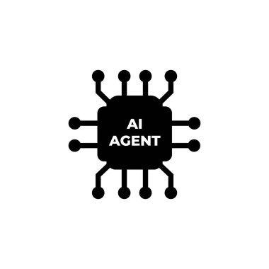 Siyah bir mikroçip simgesi yapay zeka ajansını gösteriyor. 12 bağlantı noktası merkezi işleme ünitesini çevreleyerek yapay zeka ajanını sembolize ediyor..