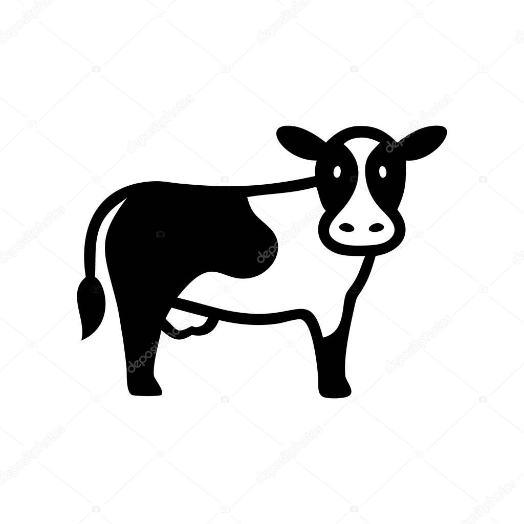 A simple, black and white silhouette of a cow, facing forward. The cow is stylized, with minimal detail, suitable for icons or logos.