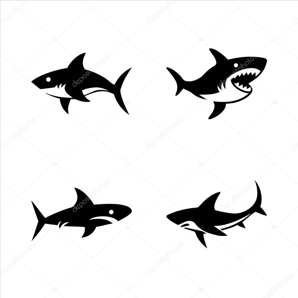 Four stylized black shark silhouettes are presented against a white backdrop. Each shark displays a unique pose and design, offering diverse graphical options.