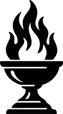 Beyaz bir arka planda izole edilmiş, temiz bir siluet tarzında sunulan alevlerle dolu çarpıcı siyah bir kadeh..