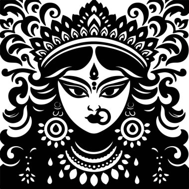 Hindu tanrıça Durga 'nın çarpıcı siyah beyaz silueti, titizlikle detaylandırılmış ve temiz beyaz bir arkaplanda izole edilmiş..