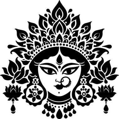 Hindu tanrıça Durga 'nın çarpıcı siyah beyaz silueti, titizlikle detaylandırılmış ve temiz beyaz bir arkaplanda izole edilmiş..