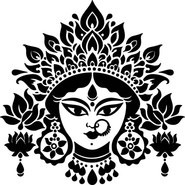 A striking black and white silhouette of the Hindu goddess Durga, intricately detailed and isolated on a clean white background.
