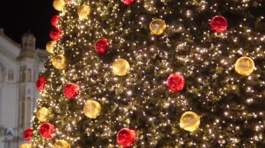 Kasaba meydanında bir Noel ağacı. Ağaç renkli oyuncaklarla süslenmiş ve parıldayan çelenklerle aydınlatılmıştır. Arka planda, görkemli bir katedral gece gökyüzüne karşı yükseliyor..