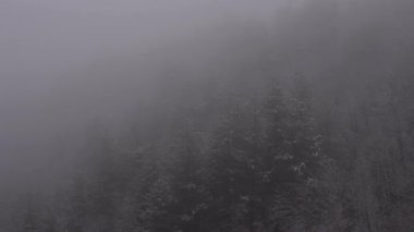 Bir kar fırtınası sırasında bir teleferik vadiden yükselir. Yoğun kar yağışı sırasında vadiden karlı bir dağa yükselen bir teleferiğin hava görüntüsü. Kış yolculuğu, turizm ve spor.