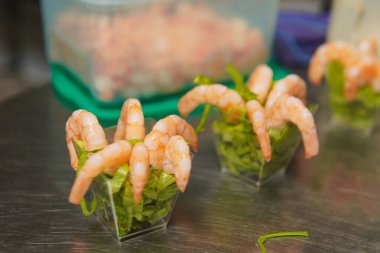 Deniz kenarındaki bir restoranda servis edilen soğuk deniz ürünleri aperatifleri. Okyanus manzaralı ve ambiyanslı bir kıyı ortamında sunulan taze kabuklu deniz ürünleri ve deniz ürünleri..