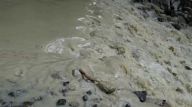 Kahverengi nehir yağmurdan sonra akar. Dağlardaki şiddetli yağmurlardan sonra, dağ nehri çamurlu ve hızlı bir akıntıya dönüştü. Şiddetli yağmurlar ani bir su artışına neden oldu, toprağı taşıyarak..