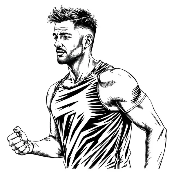 Spor kıyafetleri, egzersiz alışkanlıkları, sabah aktiviteleri, kabartma karakter çizimi olan bir adam. Siyah-beyaz sanat.