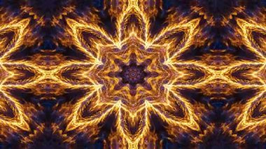 Ateşli Mandala: Mavi ve altın rengi kıvrımlı, parlak alevlerin kaleydoskopik görüntüsü