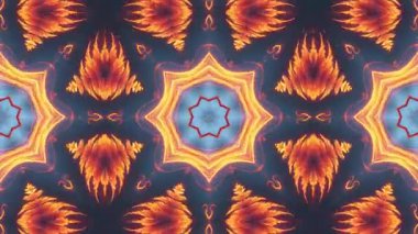 Simetrik kaleydoskopik desenli soyut video. Merkezi bir yıldız şekli, ateşli renkler ve alev benzeri tasarımlarla ışıldar ve dinamik bir görsel etki yaratır..