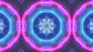 Canlı mor, mavi ve pembe mandala desenlerinin büyüleyici kaleydoskopunu içeren soyut bir video. Tasarımlar değişiyor ve şekil değiştiriyor, hipnotik görsel bir deneyim yaratıyor..