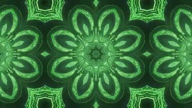 Soyut video görüntüsü gelişen kaleydoskopik desenler gösteriyor. Parlak hatları olan yeşil çiçekli şekiller simetrik tasarımlar oluşturur. Video dinamik hareketler ve geometrik dönüşümler içerir.