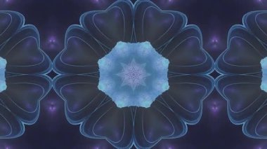 Değişen mavi, mor ve beyaz renklere sahip yıldızların ve çiçeklerin simetrik desenlerini içeren bir kaleydoskop videosu.