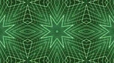 Parlayan yeşil neon çizgilerin büyüleyici bir kaleydoskobu ve karmaşık geometrik desenler oluşturan canlı bir video..