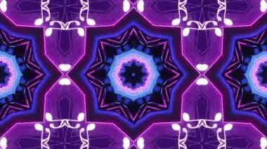 İçinde neon ışıkları olan kaleydoskopik geometrik desenler olan dinamik bir video. Video canlı renk dönüşümlerini ve soyut tasarımları gösterir.