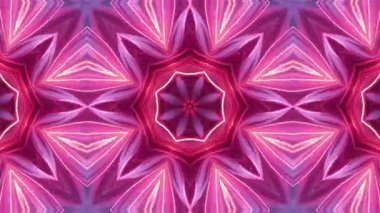 Pembe ve mor tonlarında simetrik geometrik şekillerle canlı bir kaleydoskop deseni gösteren bir video soyut ve büyüleyici bir görsel deneyim yaratıyor..