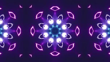 Neon renkli ve notalı soyut, simetrik desenler.