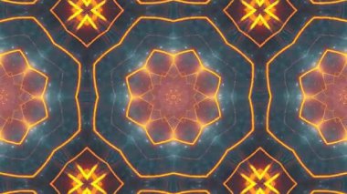 Canlı turuncu ve deniz mavisi renkleriyle hareketli kozmik mandala hipnotik bir görsel deneyim yaratıyor..