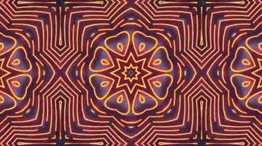 Dinamik bir kaleydoskop videosu, simetrik, parlayan turuncu geometrik şekillerle karanlık, dokulu bir arka plana karşı, hipnotik bir görsel deneyim yaratıyor..