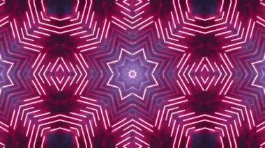 Canlı bir kaleydoskop tasarımı. Mor ve morumsu arkaplan üzerinde neon pembe çizgileri olan tekrarlayan yıldız desenleri içeriyor..
