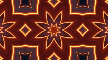 Simetrik desenleri, parlayan turuncu yıldızları ve dinamik geometrik dönüşümleri içeren soyut kaleydoskop videosu. Görsel kayma ve şekil değiştirme hipnotik bir etki yaratır..