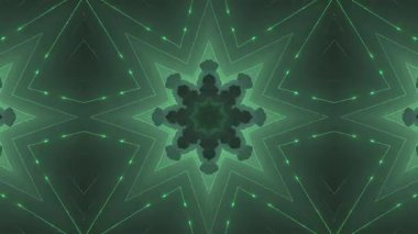 Canlı yeşil neon ışıkları içeren büyüleyici bir video. Kaleydoskopik yıldız patlaması desenleri oluşturuyor. Tasarım yavaş yavaş döner ve değişir..
