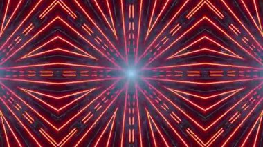 Canlı kırmızı ve mavi neon ışıkların kaleydoskopik desenini gösteren büyüleyici bir video geometrik bir tasarım yaratıyor..