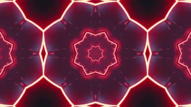 Bir dinamik kaleydoskop video simetrik geometrik desenler, titreşimli neon ışıklar, ve canlı kırmızı renkler büyüleyici bir görsel deneyim yaratıyor.