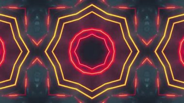 Simetrik, kaleydoskopik desenli, parlak kırmızı ve sarı neon çizgileri olan büyüleyici bir video..